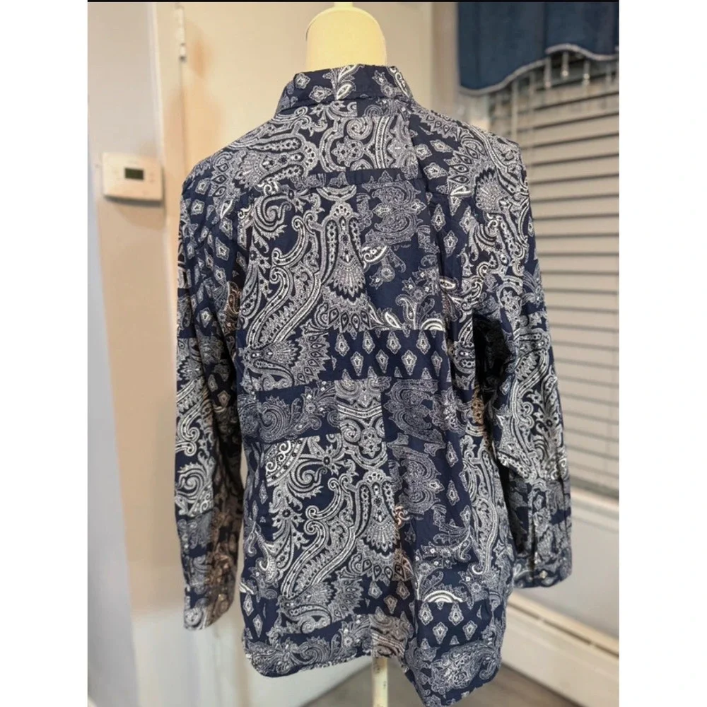 Chaps Plus Size 1X Blue & White Paisley Bandana Print Button Up Preppy Boho Chic
